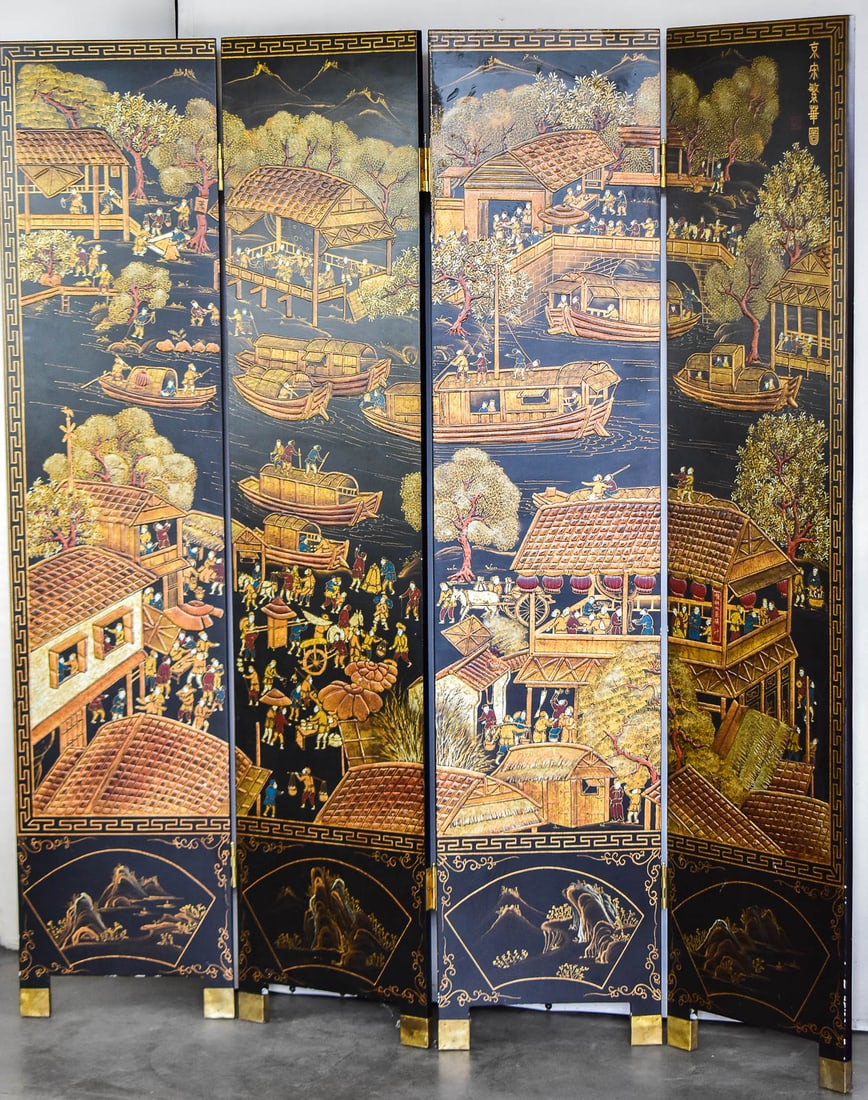 CHINESE BLACK LACQUER FOLDING ROOM DIVIDER (1 of 3)
