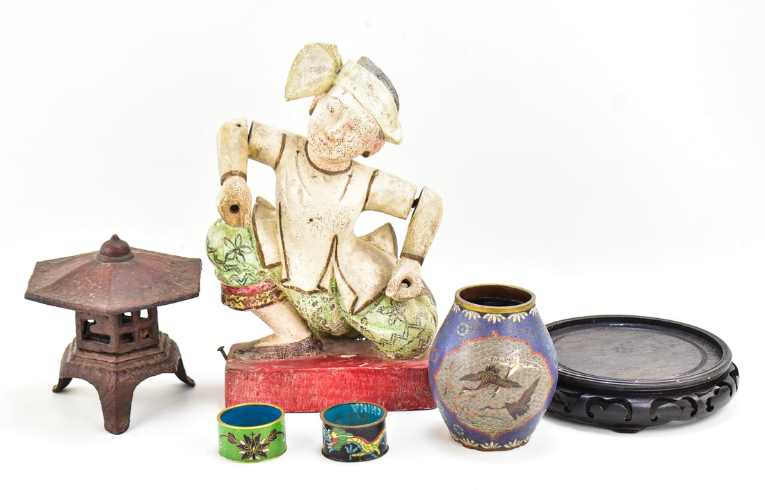 ASSORTMENT OF ASIAN DECOR: CAST IRON PAGODA INCENSE BURNER, DRUMMER SCULPTURE (1 of 3)