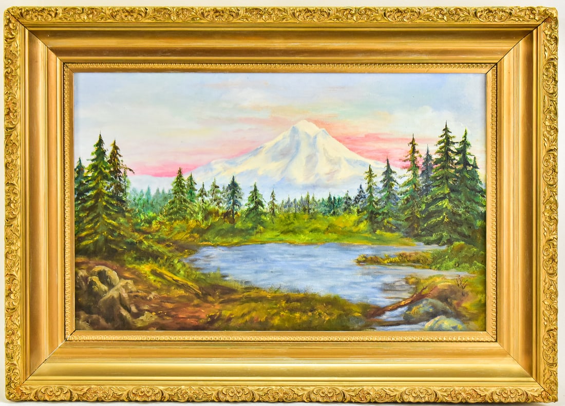 'MT. HOOD AT SUNSET' OIL PAINTING: Original oil painting on canvas featuring a sunset view of Mt. Hood in Oregon. Art measures approximately 13.5" H x 21.5" W presented in a frame measuring 20.5" H x 28.5" W x 3" D.