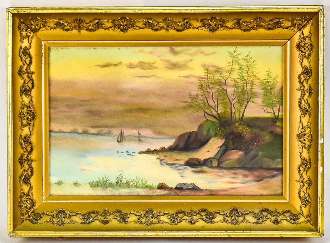 'SAILBOATS AT SUNSET' OIL PAINTING: Original oil painting on board featuring a pair of sailboats on the water under a sunset sky. Art measures approximately 11.5" H x 18" W presented in a frame measuring 17" H x 24" W x 3" D.