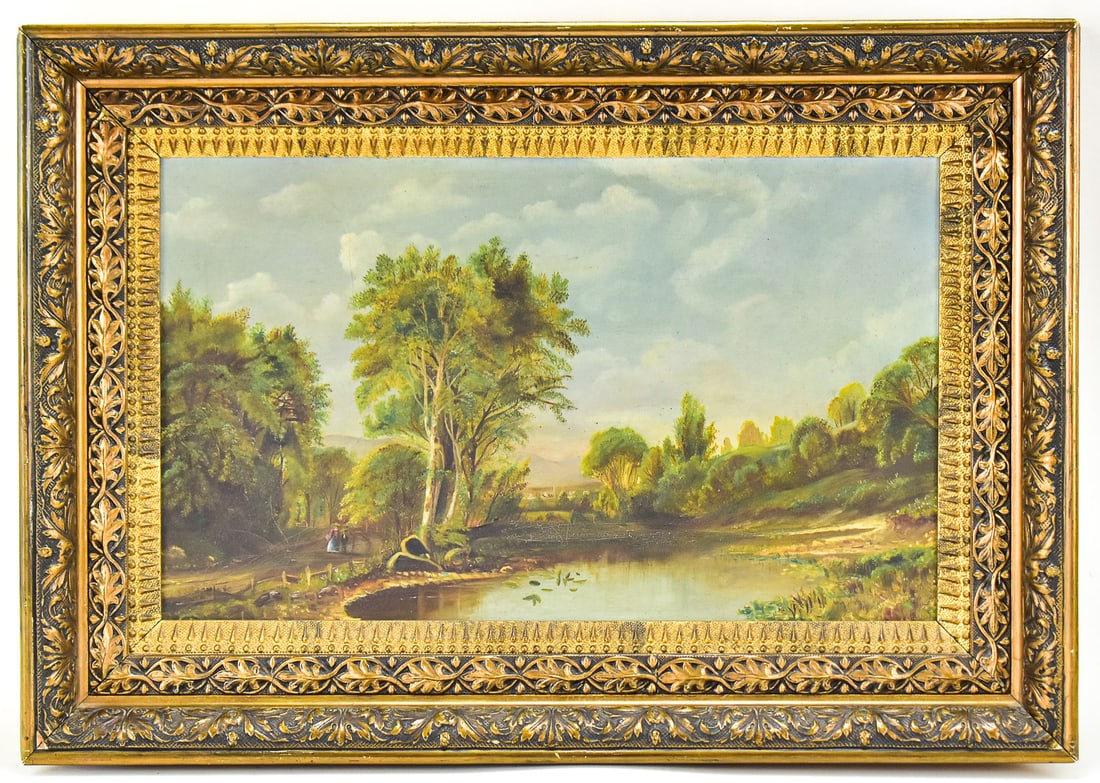'DOWN A COUNTRY LANE' OIL PAINTING: Original oil painting on board featuring a pastoral treed landscape with a pond and people walking down a country lane. Art measures approximately 11.5" H x 19" W presented in a frame measuring 18.5" 
