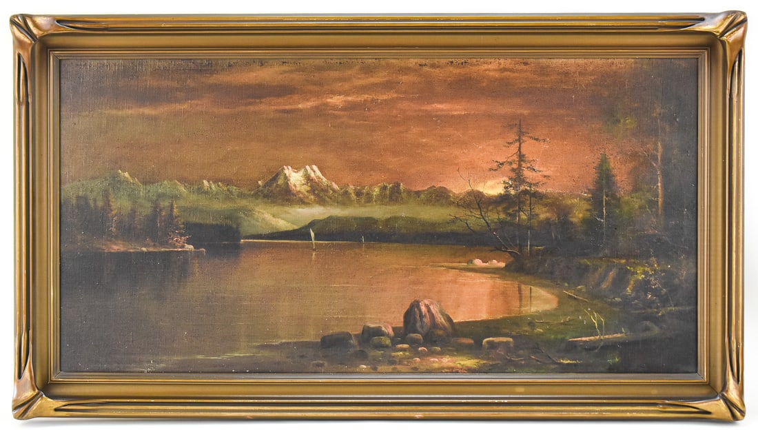 "OLYMPIC PENINSULA AT SUNSET" LANDSCAPE OIL PAINTING: Original oil painting on canvas featuring a sunset landscape of the Olympic Mountains in Washington state's Olympic Peninsula. The painting is illegibly signed on the verso with what appears to be the