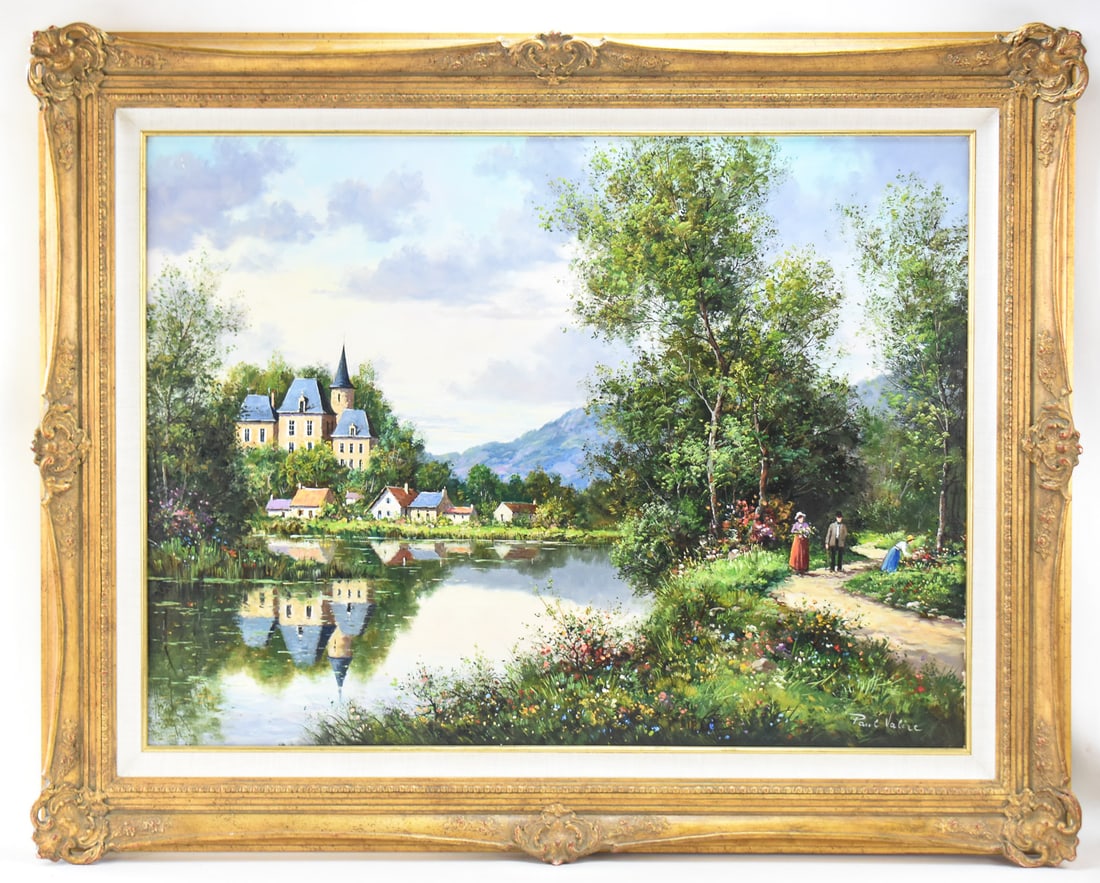 PAUL VALIZE "PROMENADE AU SOLEIL COUCHANT" OIL PAINTING: Original oil painting on canvas by artist, Paul Valize, signed lower right, titled on the verso "Promenade Au Soleil Couchant", also known as "Setting Sun" and dated 1989. Art measures approximately 3