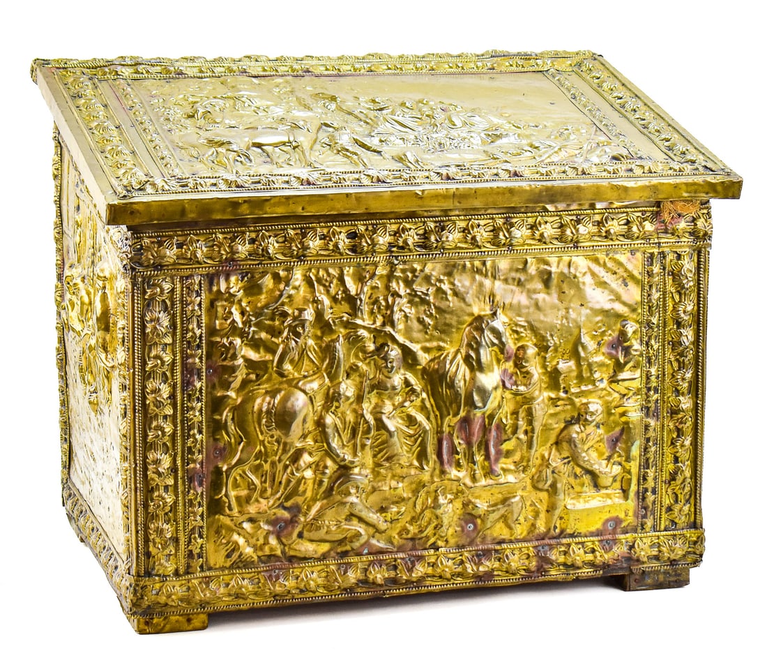 EMBOSSED BRASS FIREPLACE KINDLING BOX (1 of 3)