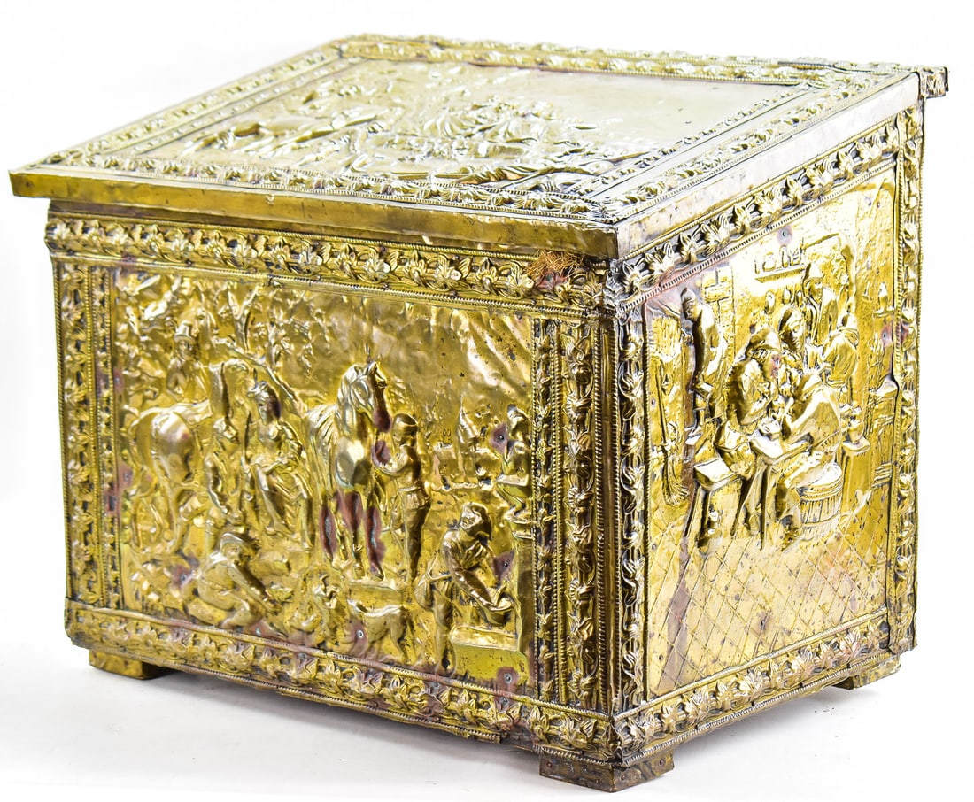 EMBOSSED BRASS FIREPLACE KINDLING BOX - 3