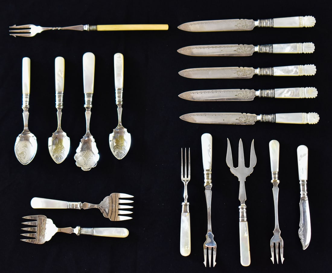 ASSORTED SILVER-PLATED FLATWARE W/ MOTHER OF PEARL HANDLES: An assortment of silver-plated flatware with mother of pearl handles and one pickle fork with a bone handle, 19th Century. The flatware includes four jam/condiment spoons, two serving forks, three