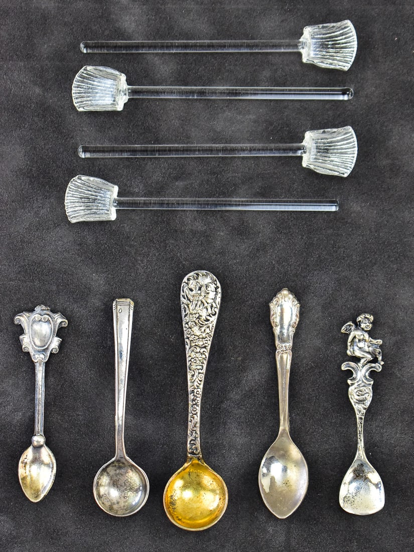 SALT SPOON ASSORMENT; STERLING & GLASS (1 of 4)