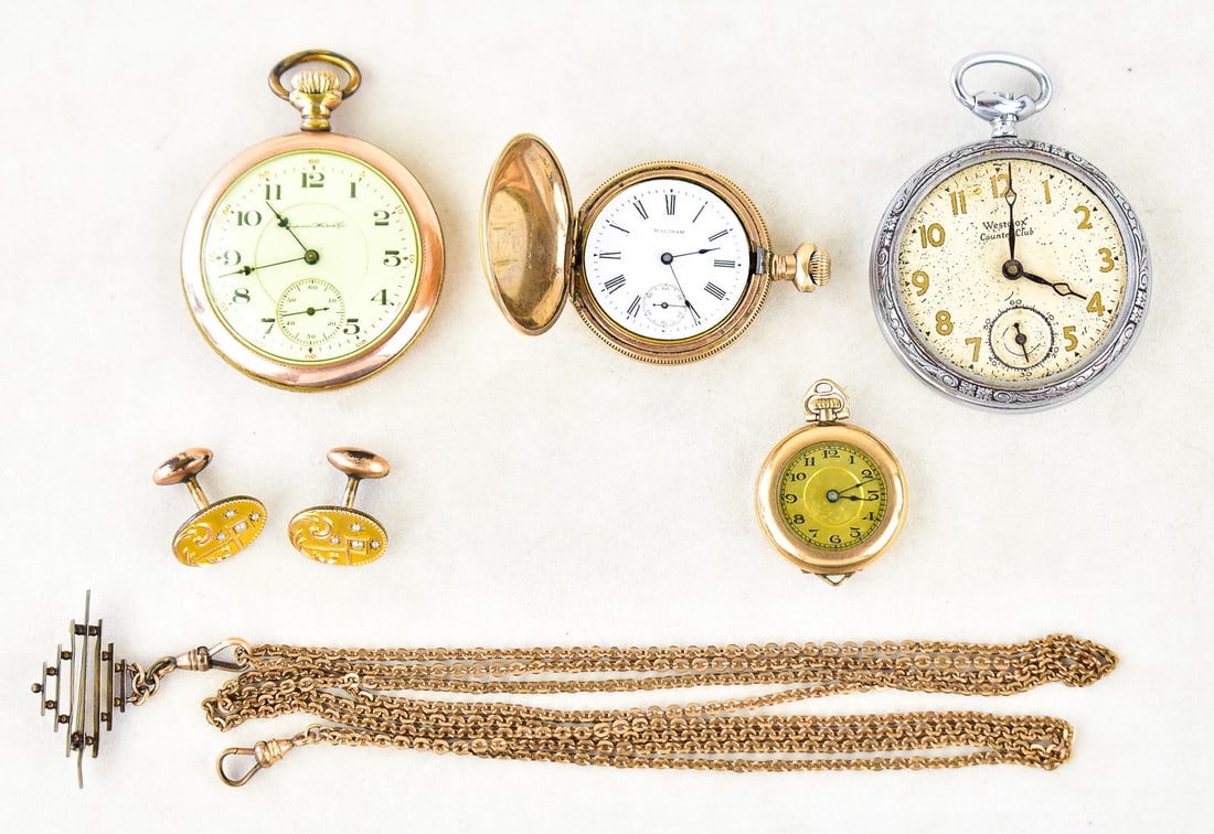 THREE GOLD-PLATED POCKET WATCHES & ACCESSORIES: HAMPDEN, WALTHAM, A. RACINE (1 of 5)