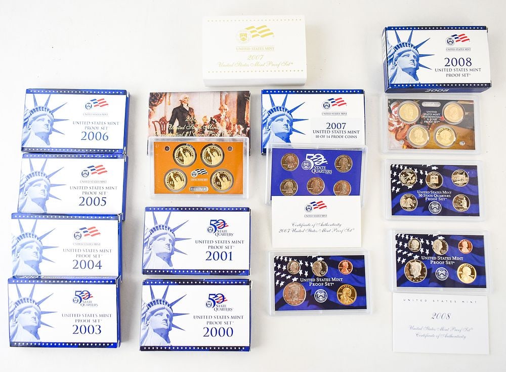 2000-2008 U.S. PROOF SETS: U.S. proof sets from the years 2000-2008, missing the year 2002. Each set includes each coin in proof condition from that year, including state quarters and presidential dollars from respective