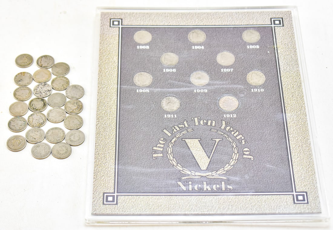 LIBERTY HEAD V NICKEL COLLECTION: A collection of Liberty Head V Nickels including a plexiglass display from The Morgan Mint exhibiting the last ten years of the V Nickel with examples from 1903-1912, and an assortment of 23 V