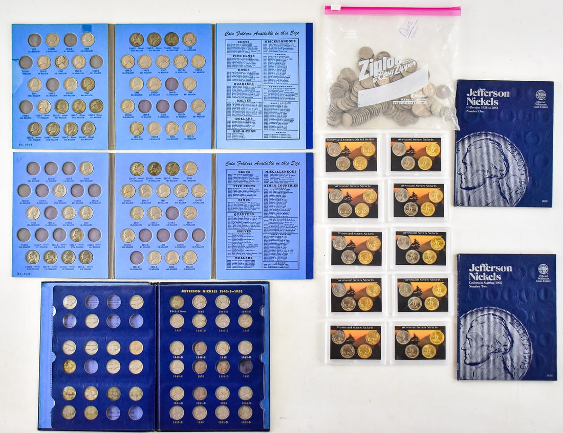 JEFFERSON NICKEL COLLECTION: A large collection of U.S. Jefferson Nickels including four partially complete Whitman 1938-1961 Jefferson Nickels books, a partially complete Whitman Collection starting in 1962, five sets of four go