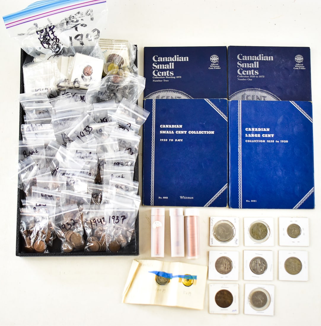 CANADIAN SMALL AND LARGE CENT COLLECTION: A collection of Canadian small cents, large cents, and a small assortment of foreign coins from the United Kingdom and British territories. The Canadian coins include two tubes of uncirculated 1964 Ca