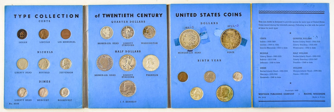 WHITMAN NO. 9046 COMPLETE TYPE COLLECTION OF 20TH CENTURY: A complete Whitman No. 9046 Type Collection of 20th Century United States Coins. The type collection includes a 1900 Indian Head Cent, Wheat Cent, Lincoln Memorial Cent, 1911 Liberty Head "V" Nickel, 
