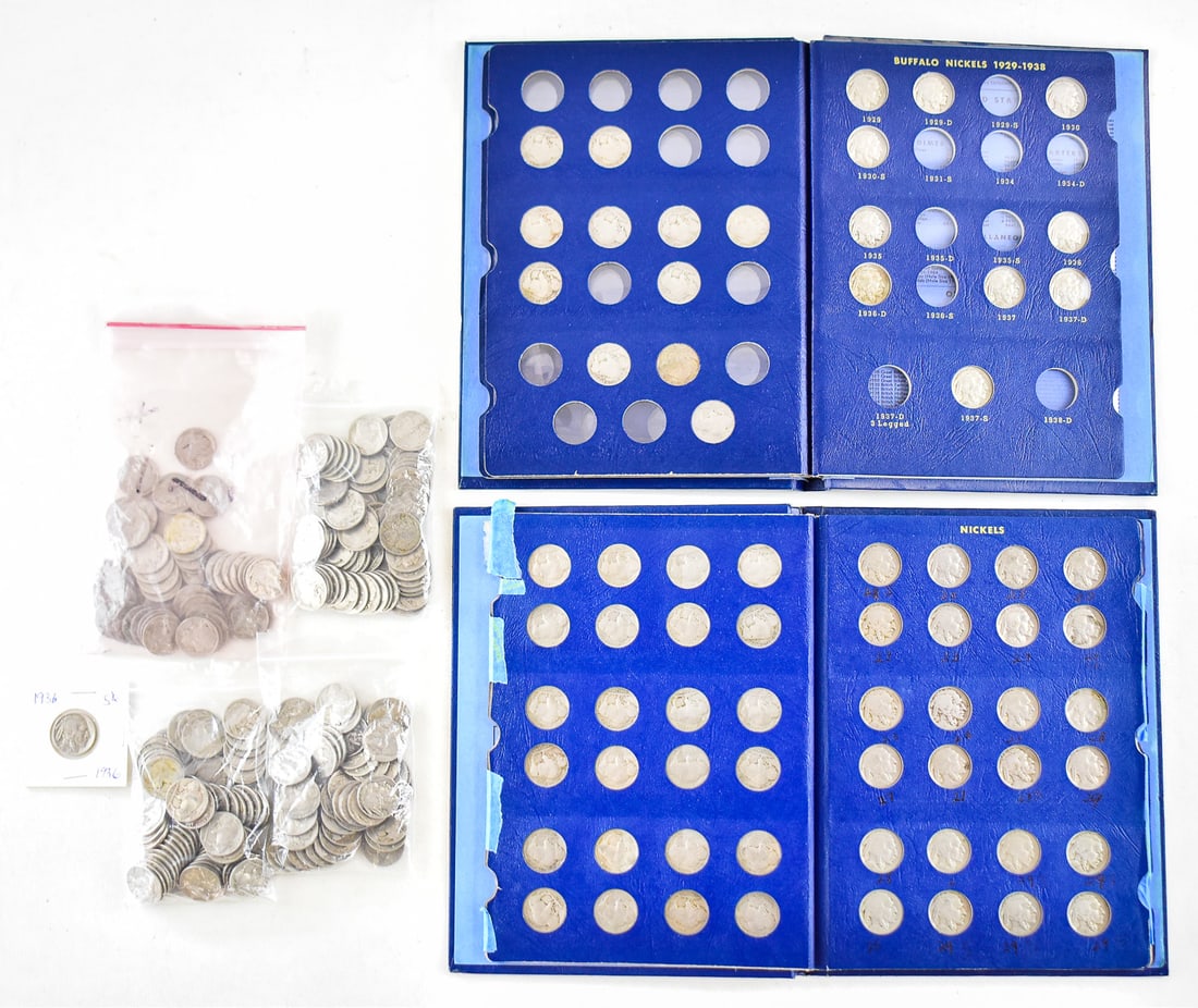 BUFFALO NICKEL COLLECTION, OVER 150 NICKELS: A large collection of Buffalo Nickels with a handful of Jefferson Nickels also included. Includes a partially complete Whitman Buffalo Nickels blue book, a Whitman "Nickels Miscellaneous" book full of
