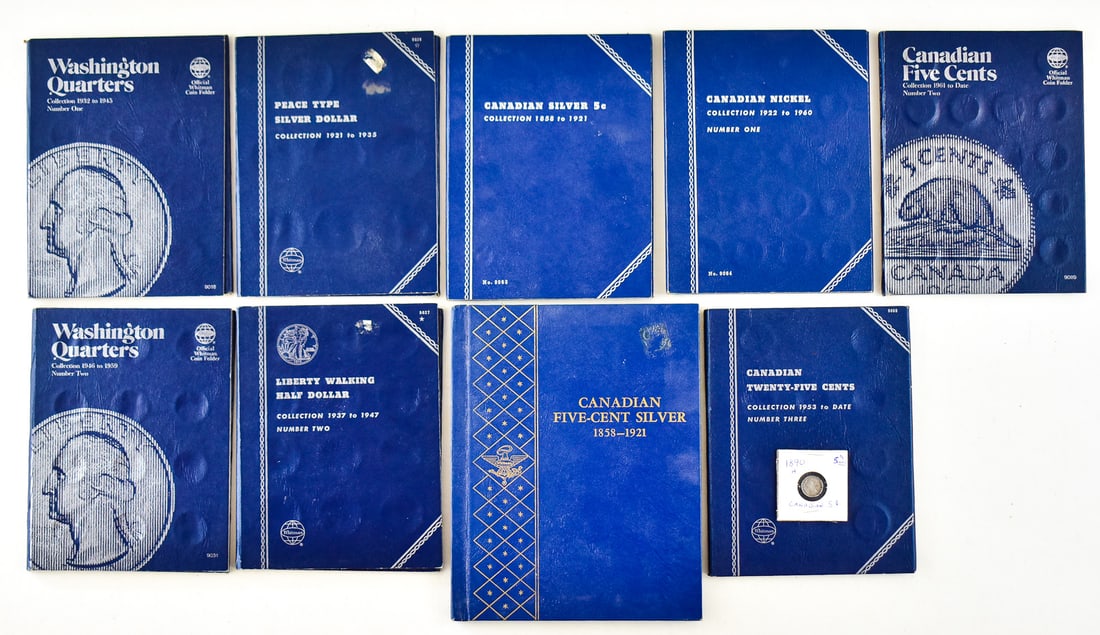 CANADIAN NICKEL AND QUARTER COLLECTION & EMPTY WHITMAN BLUE COIN ALBUMS: A collection of Canadian quarters and nickels including a Whitman Canadian Twenty-Five Cents album 1953-Date partially complete with four silver year quarters, a Whitman Canadian Nickel 1922-1960 albu