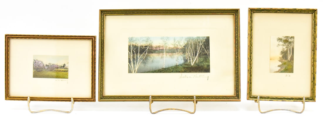 TRIO OF WALLANCE NUTTING FRAME PHOTOGRAPHS: This collection consist of three Wallace Nutting framed photographs. Photo one is an enhanced colored and signed country lake birch tree nature scene. Photo two is a hand signed and tinted photo of co