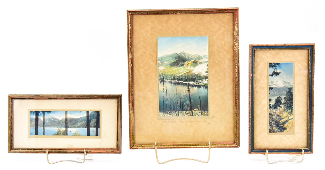 TRIO OF SIGNED HARRY STANDLEY FRAMED PHOTOGRAPHS: Photo one is Bear Lake Estes Park in the Rocky Mountains. Photo two is "Grand Lake Colorado". Photo three is a hand tinted photo of Pikes Peaks Colorado. Largest frame measures approx. 13.5" H x 11" W