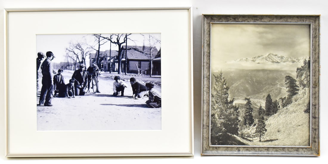 HARRY STANDLEY BLACK & WHITE PHOTOGRAPH PAIR: Both of these photographs were taken by Harry L. Standley in the 1920s. Photograph one is called "Boys Playing with Marbles" circa 1925. The second photograph is of the Rocky Mountains and signed by H