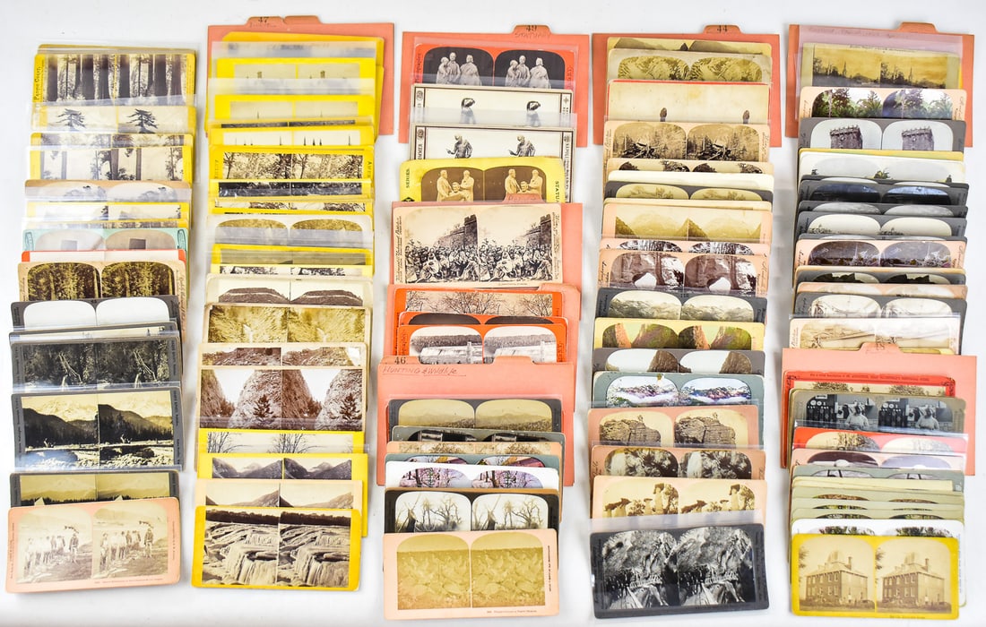 100+ STEREOVIEW CARD COLLECTION: This lot includes approximately 119 stereoview cards featuring foreign travel, hunting and wild life, landscapes, and more. The largest item measures approx. 5" H x 8" W x 0.5" D.