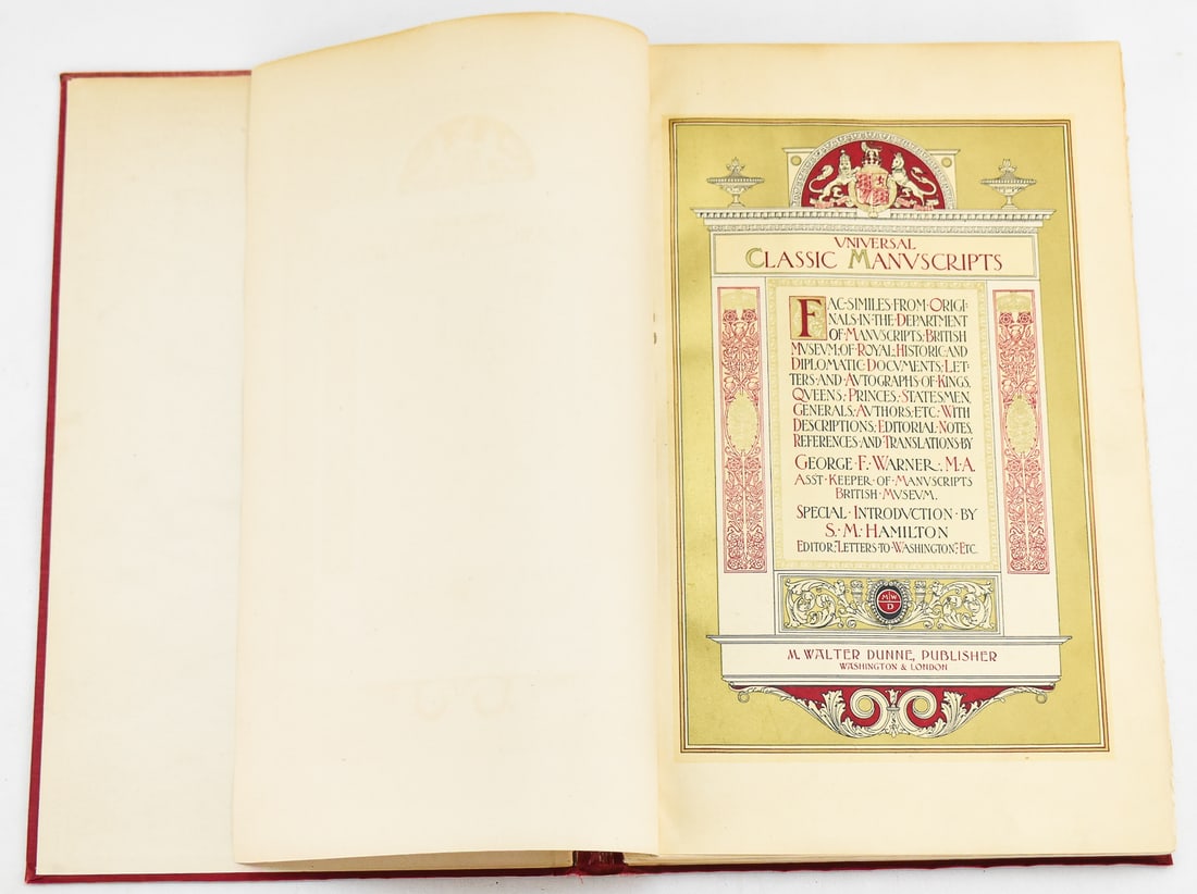 UNIVERSAL CLASSIC MANUSCRIPT; ABRIDGED EDITION: Book folio of rare Royal Manuscripts from the British Museum. This is a one volume abridged edition with 75 plates. The binding is made of red cloth a gilt lettering. Book measures approx. 17.5" H x
