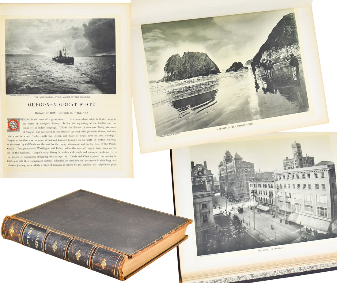 1909 W.D. HARNEY PHOTOGRAVURE COMPANY "ART OF THE STATE OF OREGON": This lot includes a 1909 The W.D. Harney Photogravure Company - Portland, Oregon leather-bound "Art Work of the State of Oregon" edition de luxe of photogravures. The item measures 2.5" H x 12" W x