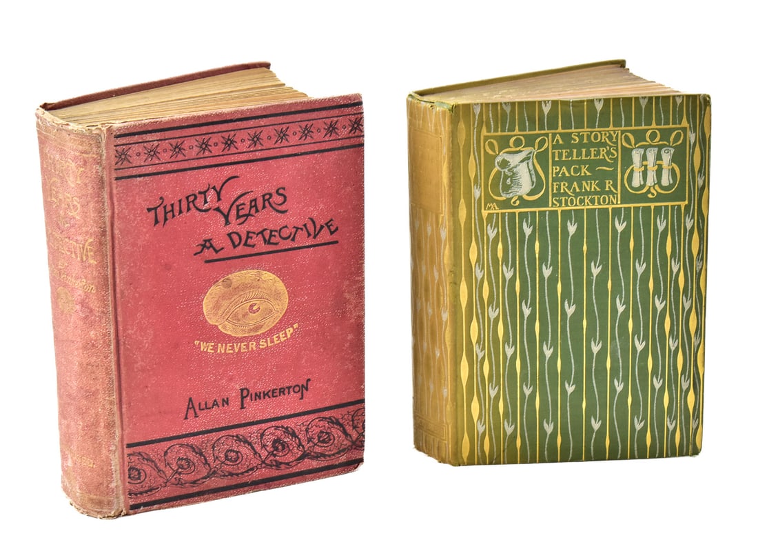 FIRST EDITIONS OF "A STORY-TELLER'S PACK" AND "THIRTY YEARS A DETECTIVE": This lot includes two first edition books: 1897 Frank R. Stockton "A Story-teller's Pack" and 1884 Alan Pinkerton "Thirty Years a Detective." The largest item measures approximately 8" H x 6" W x 2" D