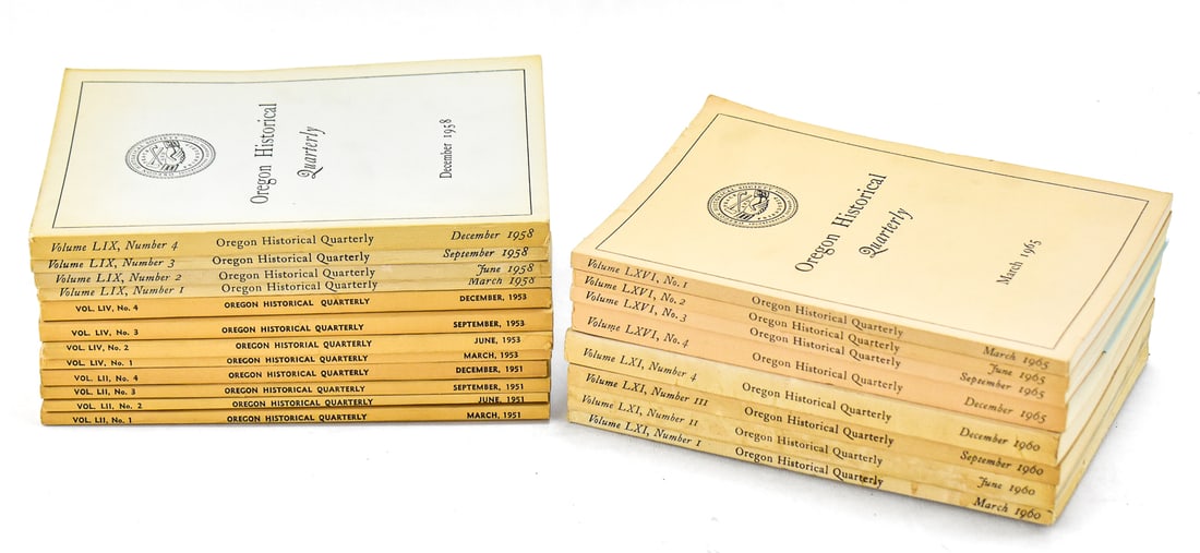 OREGON HISTORICAL QUARTERLY FROM YEARS 1951, 1953, 1958, 1960, & 1965: Complete sets of the Oregon Historical Quarterly produced by the Oregon Historical Society from the years 1951, 1953, 1958, 1960, and 1965. Twenty editions in total. Each book measures approx. 9" H x
