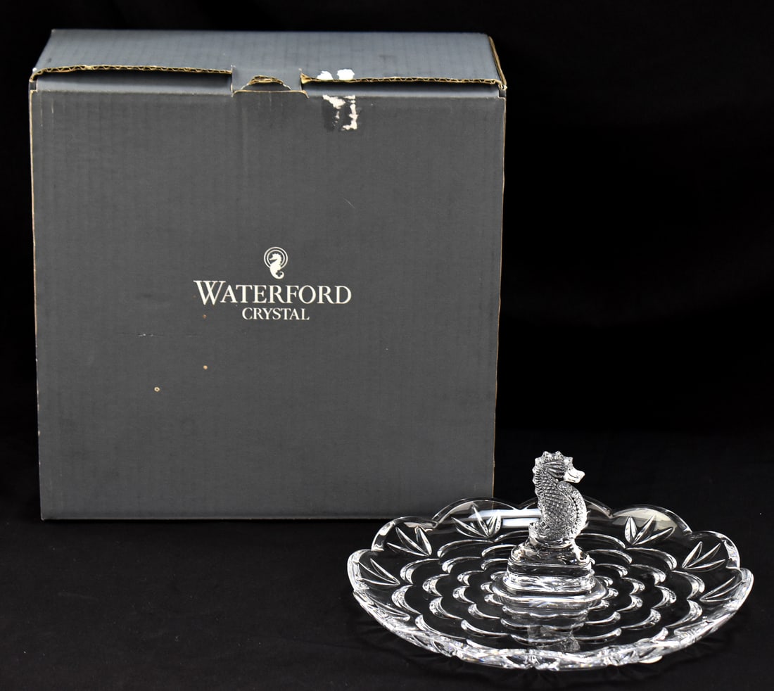 WATERFORD CRYSTAL SEAHORSE 9" TIBIT TRAY: This Waterford crystal round server comes with its original box. This tray has the model number 40027967 making it manufactured in 2016. The Seahorse product line was only manufactured between 2002-20