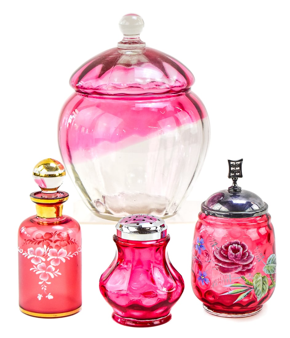CRANBERRY GLASS ASSORTMENT: PILGRIM GLASS COOKIE JAR, PERFUME BOTTLE (1 of 2)