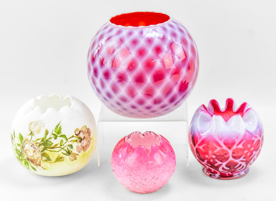 FOUR ART GLASS ROSE BOWLS: BOSTON AND SANDWICH GLASS COMPANY, FENTON (1 of 2)