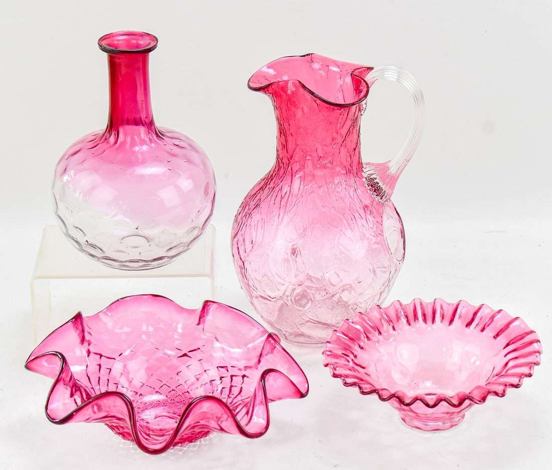 CRANBERRY GLASS PITCHER WITH ICE POCKET, BOWLS & DECANTER (1 of 2)
