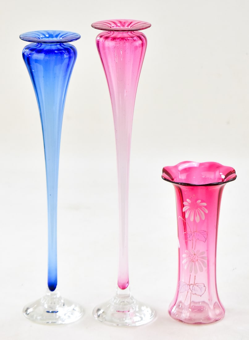 YOUNG AND CONSTANTIN TRUMPET BUD VASES & VICTORIAN CRANBERRY VASE (1 of 3)