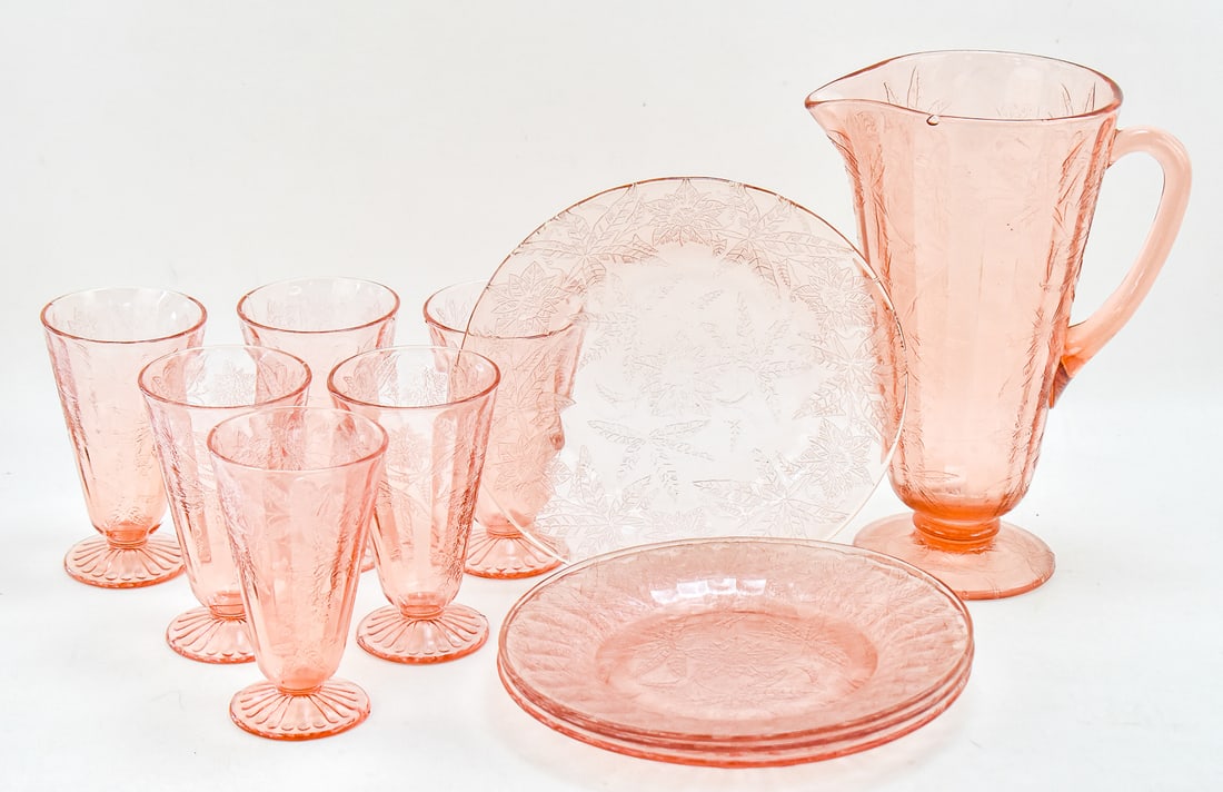 "PINK POINSETTIA" PATTERN GLASSWARE, JEANETTE GLASS COMPANY (1 of 2)