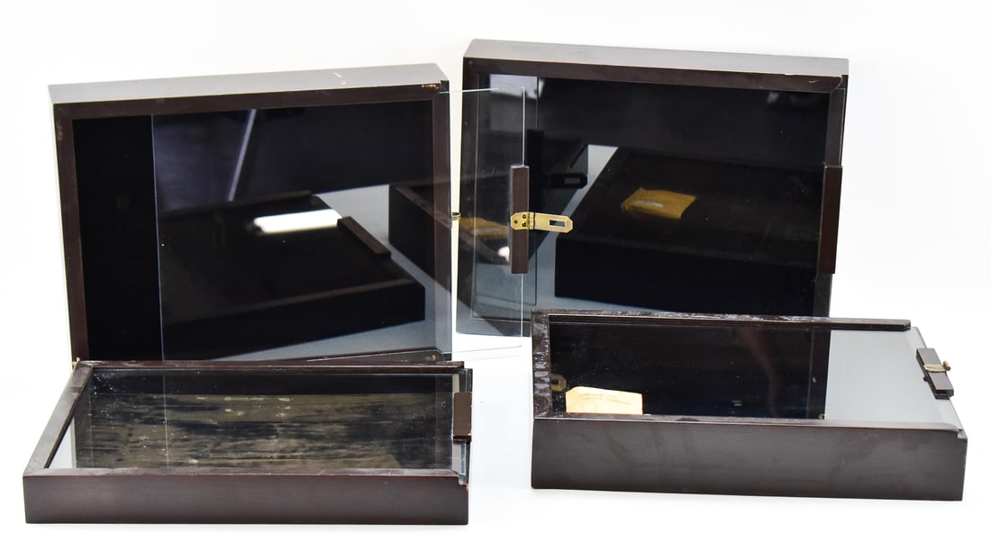 FOUR WOODEN DISPLAY CASES WITH VELVET INTERIORS (1 of 2)