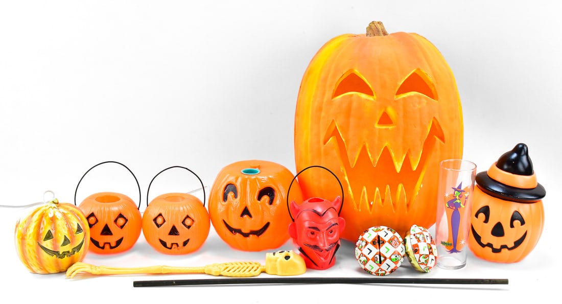ASSORTMENT OF HALLOWEEN INTERIOR DECOR: This lot has twelve items. Five of the items are blow mold miniatures, three of which are miniature treat or treat buckets. A long stick is included with these. There is a large plastic jack-o-lantern