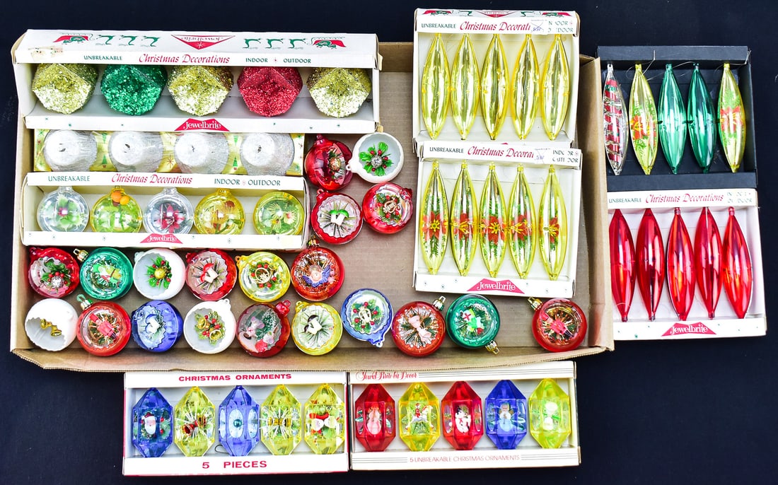 JEWELBRITE CHRISTMAS ORNAMENT COLLECTION; DIORAMA, UNBREAKABLE: This collection has 64 Jewelbrite Christmas ornaments. 55 of them are the unbreakable plastic diorama ornaments in varying shapes; icicle, diamonds and spheres. All the icicle and diamonds come in