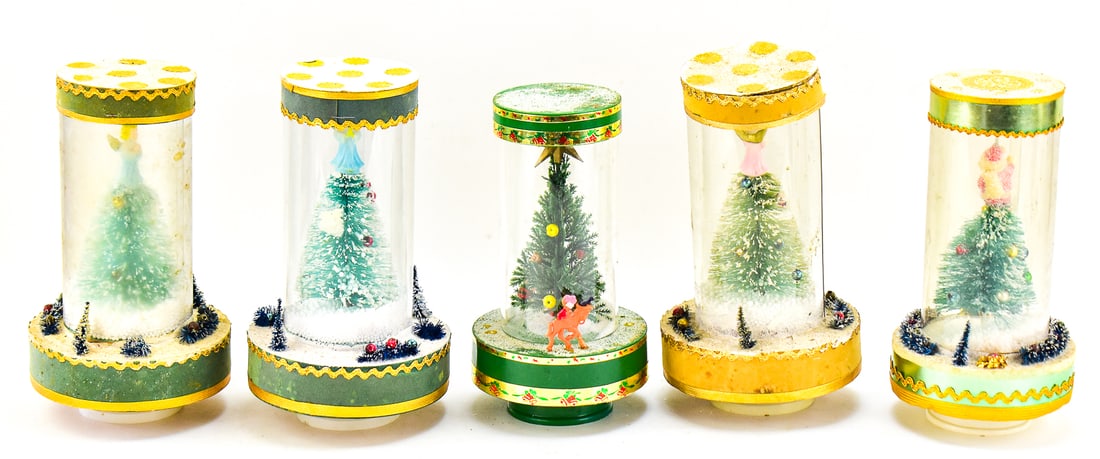 JAPANESE ROTATING MUSICAL CHRISTMAS TREE DIORAMA COLLECTION: This lot consists of five musical Christmas tree dioramas made in Japan circa mid 20th century. Each diorama measures approx. 10.5" H x 6" W x 6" D.