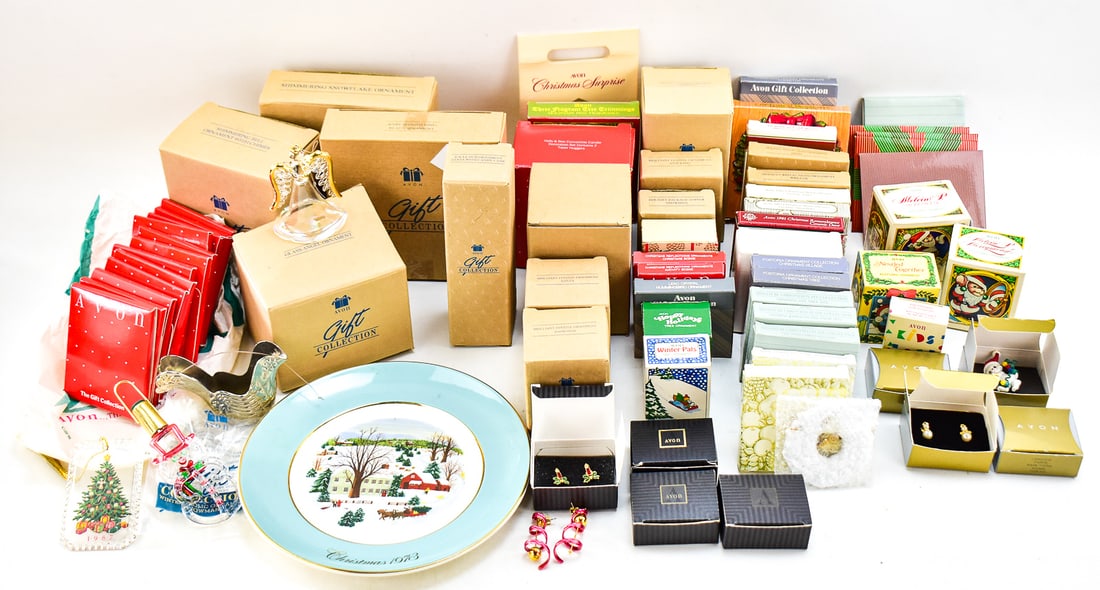 AVON CHRISTMAS THEMED COLLECTION: This collection has 69 pieces of Avon Christmas themed collectables. 68 of the items are ornaments, with a single Christmas plate released in 1973 exclusively. The plate measures approx. 9" H x 9" W