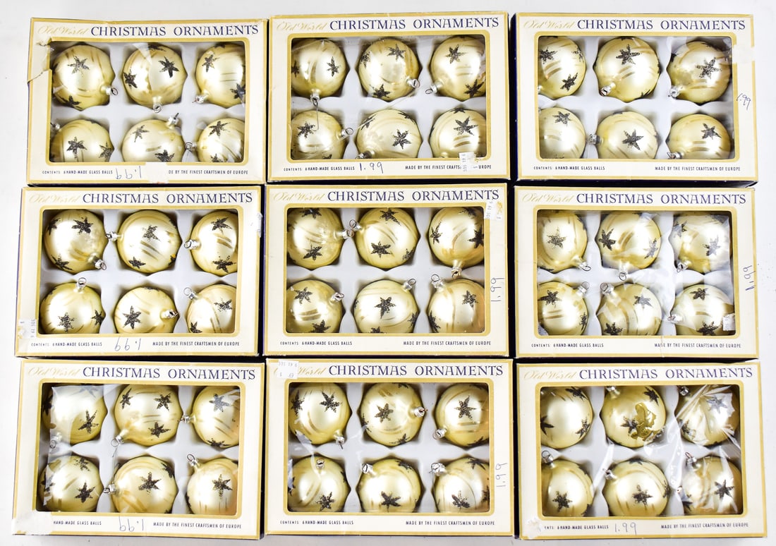 8 BOXES OF COLUBIA "OLD WORLD" CHRISTMAS ORNAMENTS: Eight boxes of Columbia brand Christmas ornaments in their original packaging circa 1970s. Each box measures approximately 6" H x 9" W x 2.5" D .