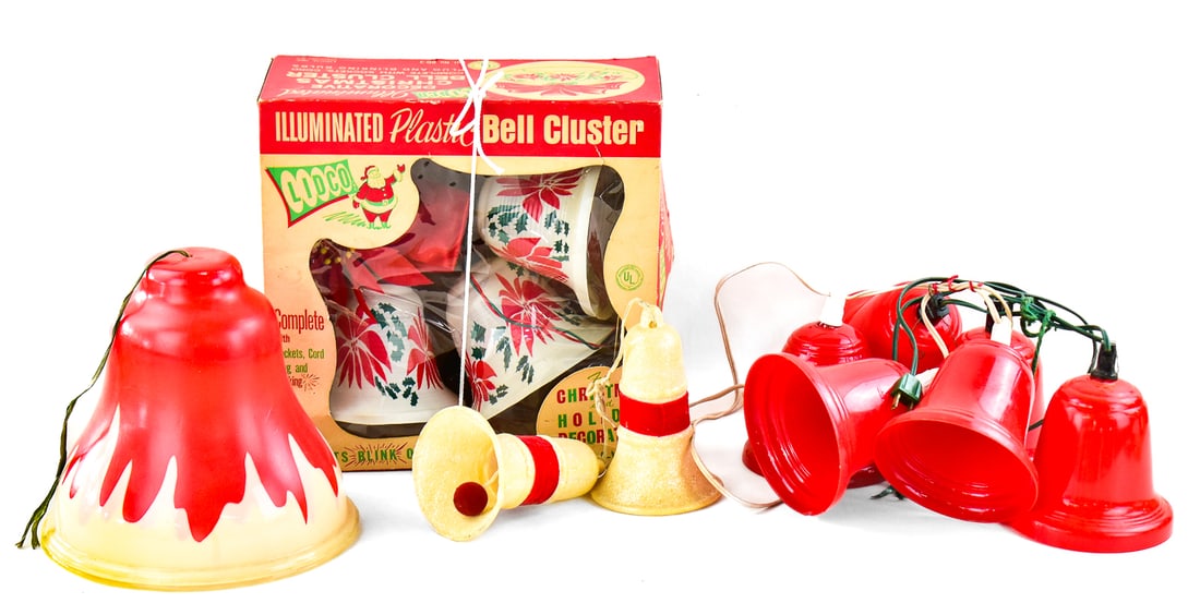CHRISTMAS BELLS LIGHT ASSORTMENTS: Assortment comes with four sets of Christmas bell string lights. One set comes in its original packaging from Lidco, circa 1940s. The box measures approximately 12" H x 12" W x 5.5 " D.