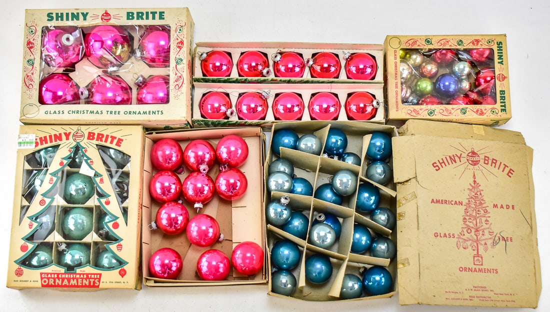 SHINY BRITE CHRISTMAS ORNAMENT ASSORTMENT: This assortment has approximately 58 Shiny Brite brand mercury glass Christmas ornaments. All the ornaments are different shapes, sizes and colors. The largest box measures approximately 8" H x 11.5"