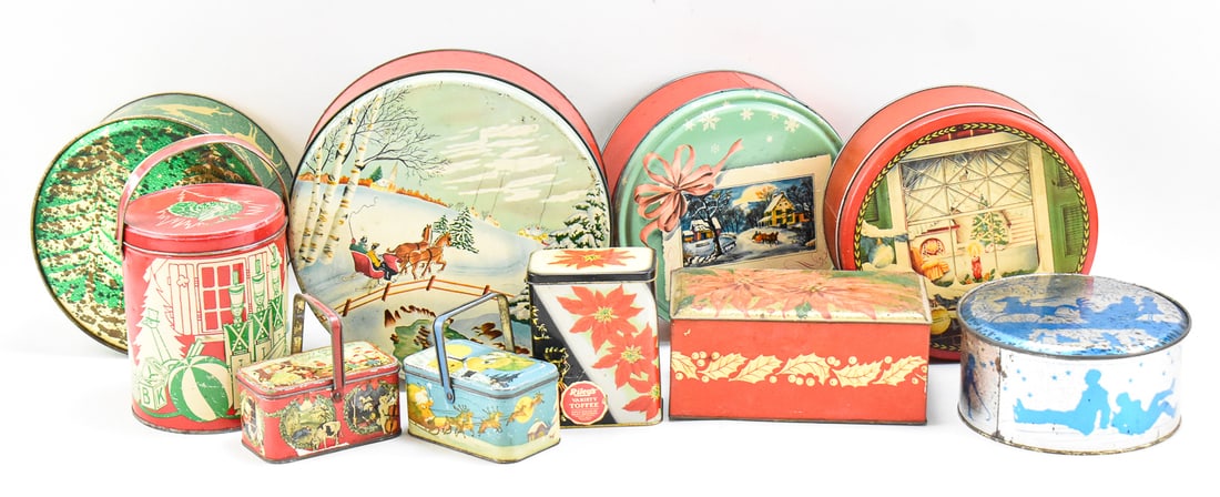 HOLIDAY METAL STORAGE TIN ASSORTMENT: This assortment has a total of ten tins in it. The ones worth mentioning are the "Merry Christmas from Santa" tin pail and "Twas the Night Before Christmas" tin. These two are manufactured by Tindeco 
