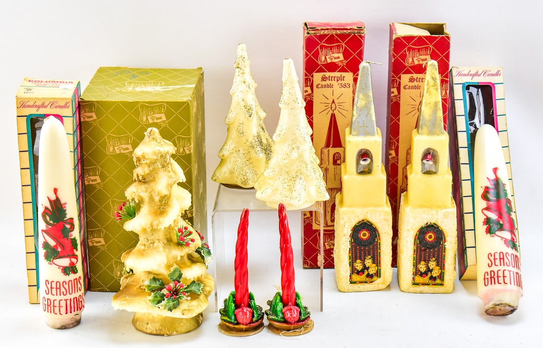 CHRISTMAS CANDLE ASSORTMENT; PENN & COLUMBIA: This assortment has nine vintage Christmas candles included. Three candles are from the brand Penn and come with their original boxes. Two of those are the Church Steeple Candles circa 1950s. Two are
