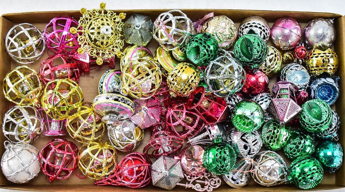 LARGE MID-CENTURY COLLECTION OF BRADFORD PLASTIC FILIGREE, CAGE & ANGEL HAIR ORNAMENTS: A large collection of mid-century Bradford plastic filigree, cage style and angel hair ornaments in assorted colors, shapes and sizes. The "teardrops" measure 5" H x 2.5" W x 2.5" D.