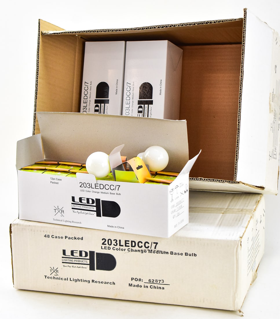 2 CASES OF COLOR CHANGING LED LIGHT BULBS: Two cases of color changing LED light bulbs manufactured by Technical Lighting Research. There are 48 bulbs per box, for a total of 96. One box measures approximately 14" H x 18" W x 5.5" D.