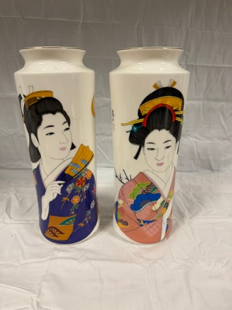 Geisha Girl: Pair of Vtg Signed Eiwa Kinsei Japanese Geisha Girl Vase 12'