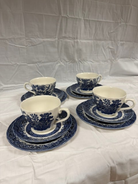 Churchill Dinnerware: Four (4) Royal Wessx Crown Clarence Vintage Blue Willow Trio Set