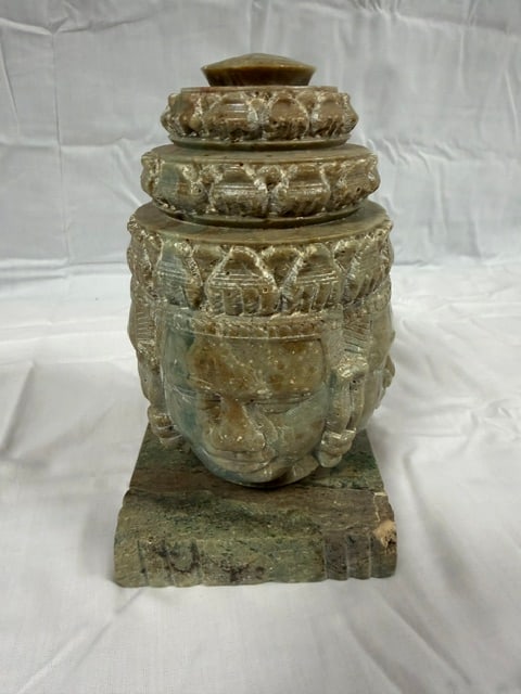 Hand Stone Carved: Stone hand carved sculpture of Brahma with four faces: 6.5"X3"