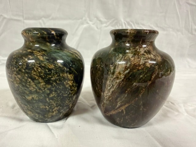 Marble Vases: Pair of polished marble vases with mottled green and brown veining; 3" tall