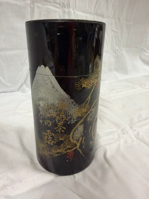 Japanese Tea Caddy: Japanese lacquered tin tea caddy with handpainted Mount Fuji and crane motif; 6'X3"